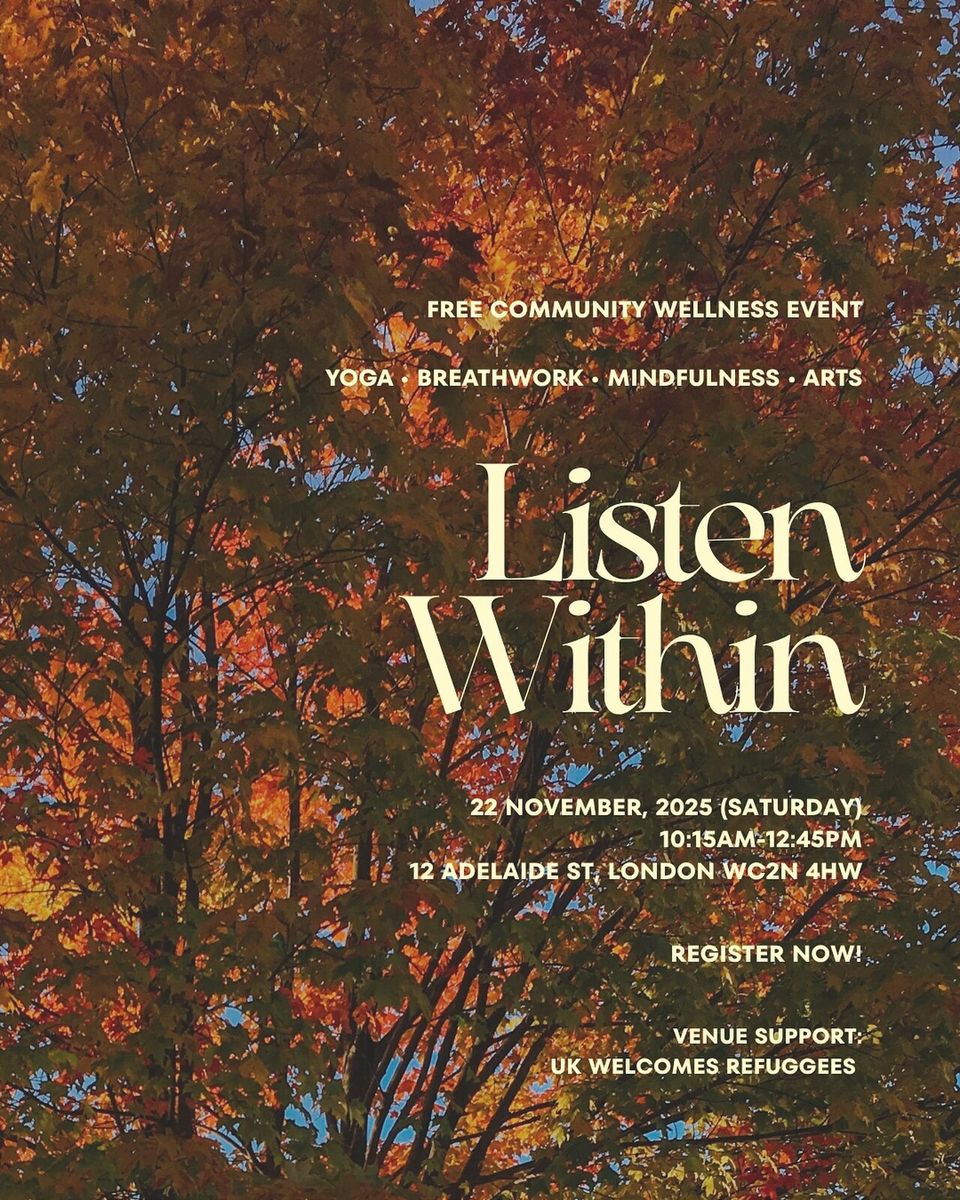 Poster for Listen Within, with the title in cream serif letters over a canopy of autumn leaves