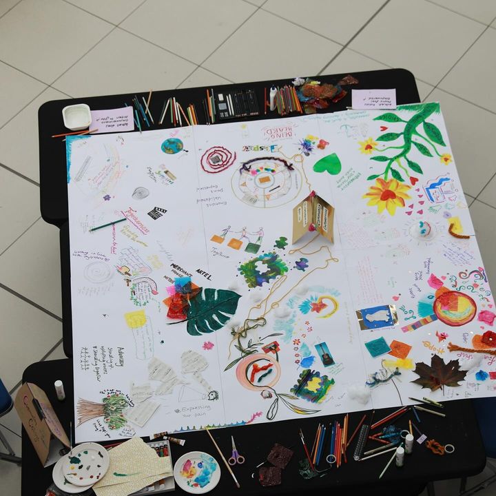 The whole collage on a table, surrounded by paints and pens